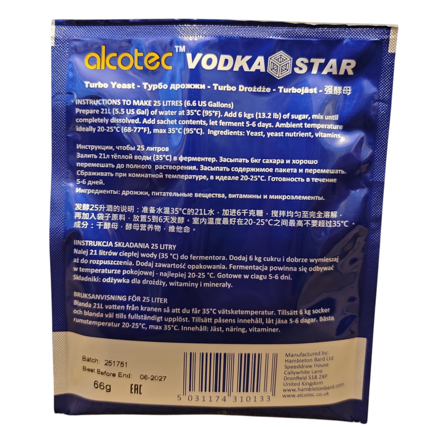 Alcotec Vodka Star Turbo Yeast Packets for Extreme Purity Homebrew Vodka Wash