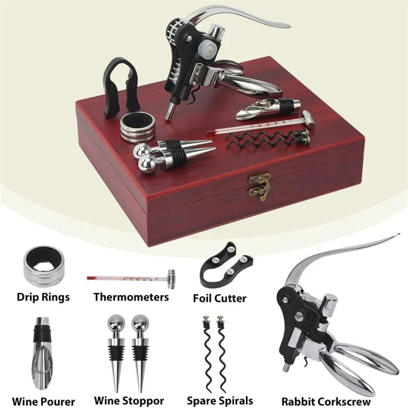 Wine Opener Set, Wine Bottle Opener Rabbit Corkscrew Set with Wood Case, 9pcs Including Rabbit Wine Opener, Wine Stopper